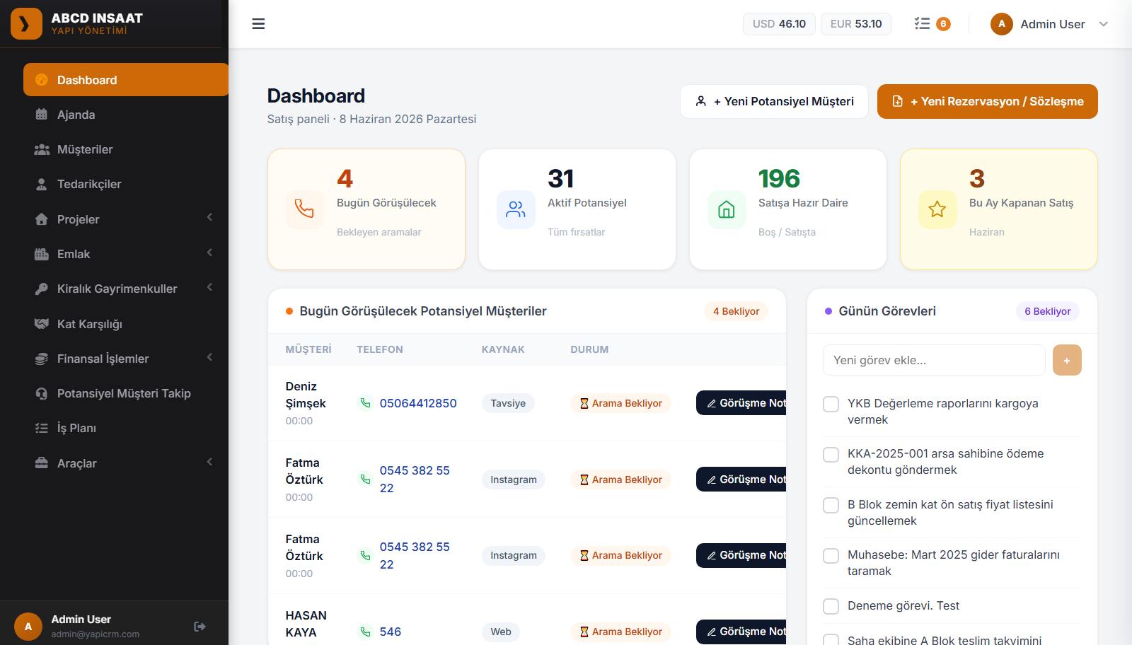 Yapı CRM Dashboard Ekran Görüntüsü